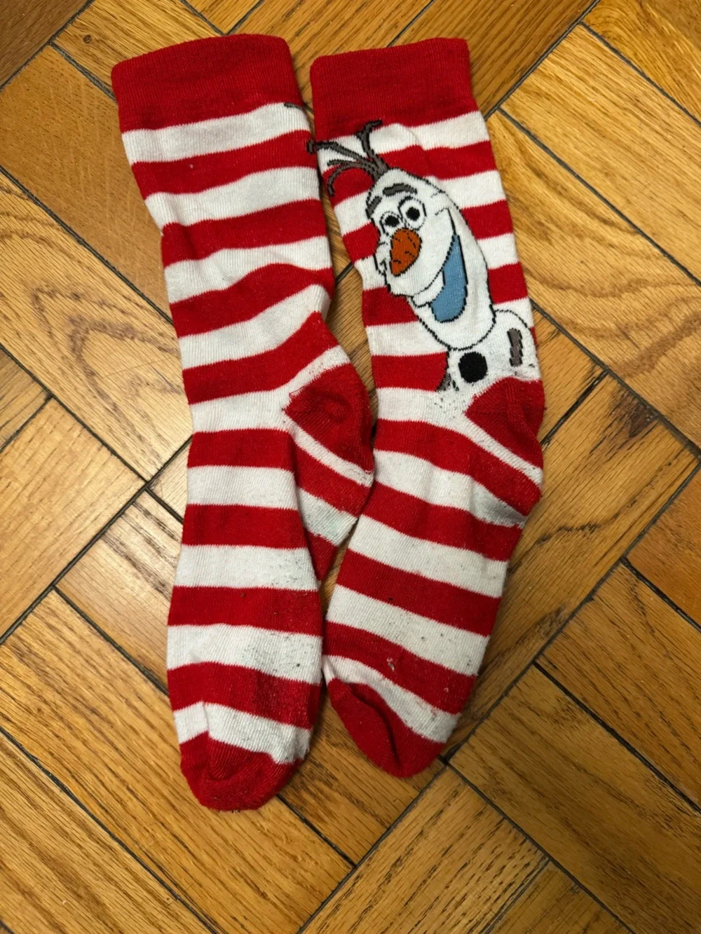 Disney’s Red & White Striped Holiday Socks with Olaf Motif